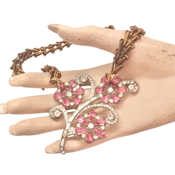 Vintage Pink Rhinestone Flower Necklace, Art Deco Floral Statement Jewelry - Picture 4 of 16